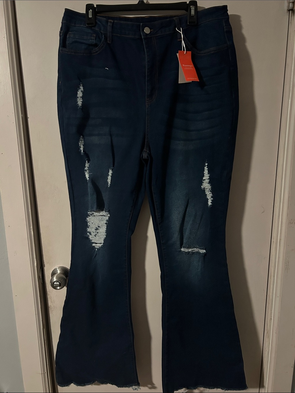 Distressed Dark Blue Flare Jeans for Women